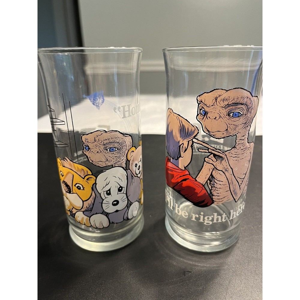 2 ~ ET Pizza Hut Libbey Drink Glasses “I'll Be Right Here” & “Home” Vtg 1982